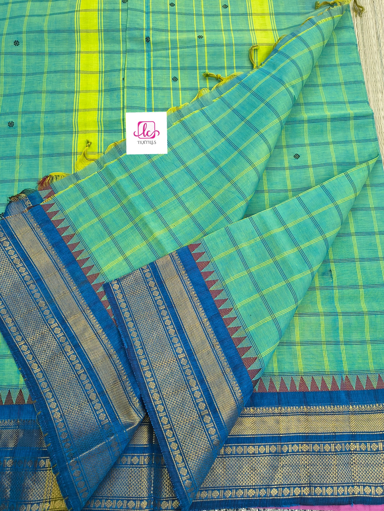 Kandangi Korvai Checks Butta-Lemon yellow mixed blue dual tone- KKCB72