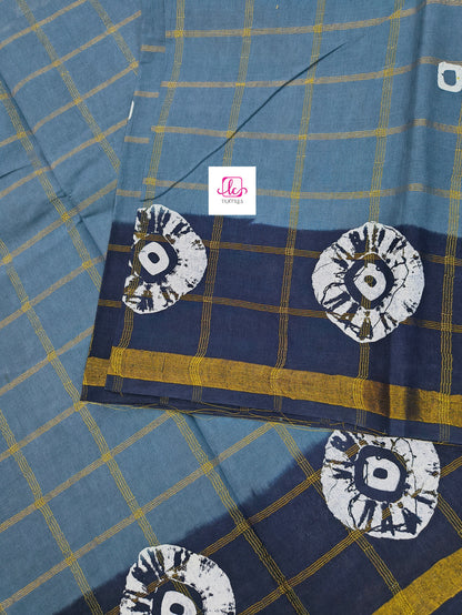 Madurai Sungudi Cotton - zari checks - Bluish grey- MS67