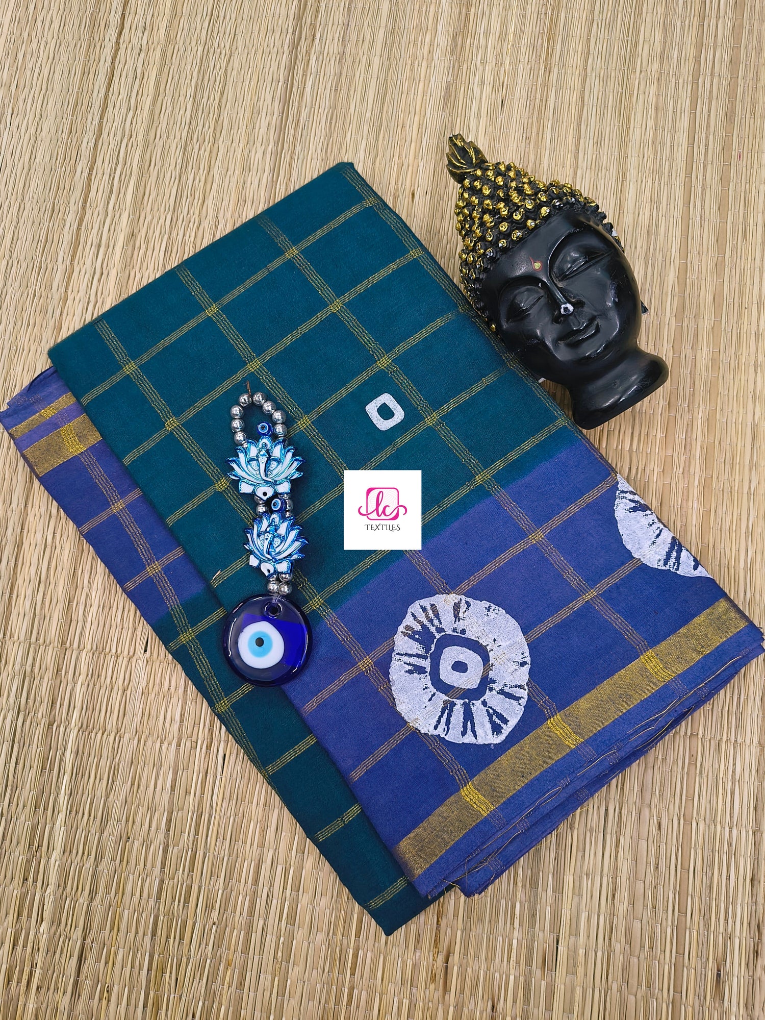 Madurai Sungudi Cotton - zari checks - Peacock blue- MS68