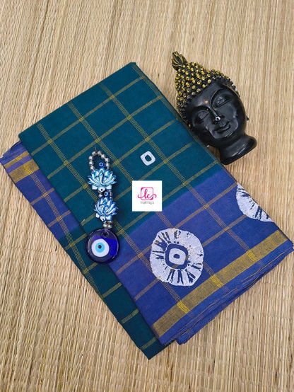 Madurai Sungudi Cotton - zari checks - Peacock blue- MS68