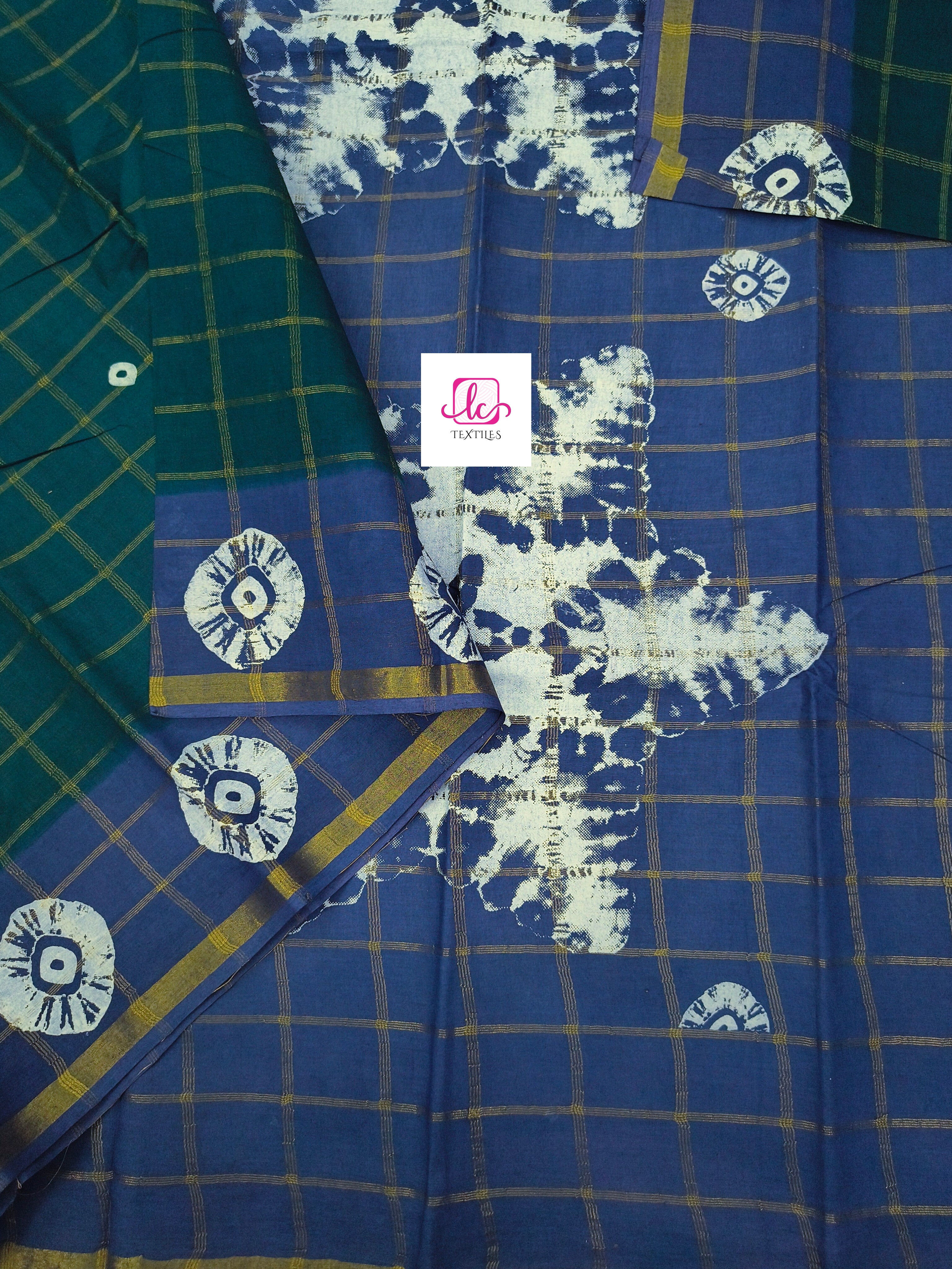 Madurai Sungudi Cotton - zari checks - Peacock blue- MS68