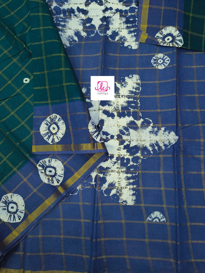 Madurai Sungudi Cotton - zari checks - Peacock blue- MS68