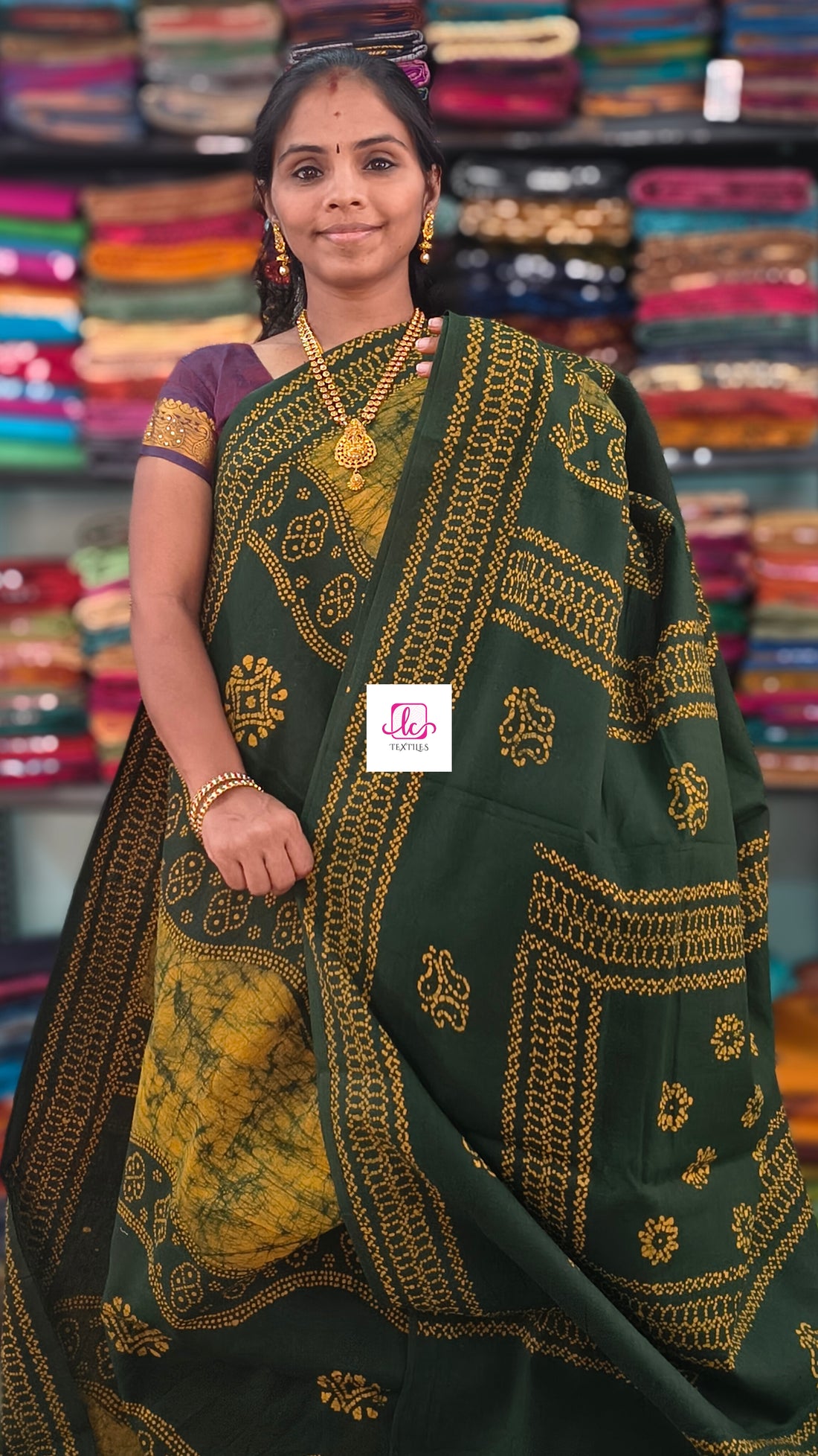 Madurai Sungudi Cotton -Bottle green with mustard yellow- MS79