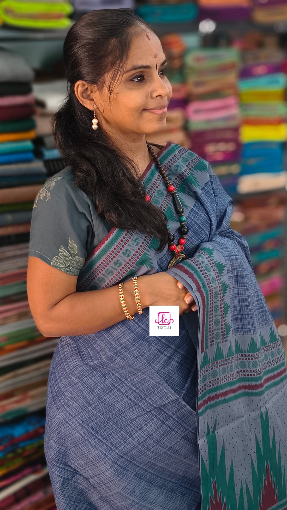 Madurai Sungudi Cotton -Dusty Steel Blue- MS83