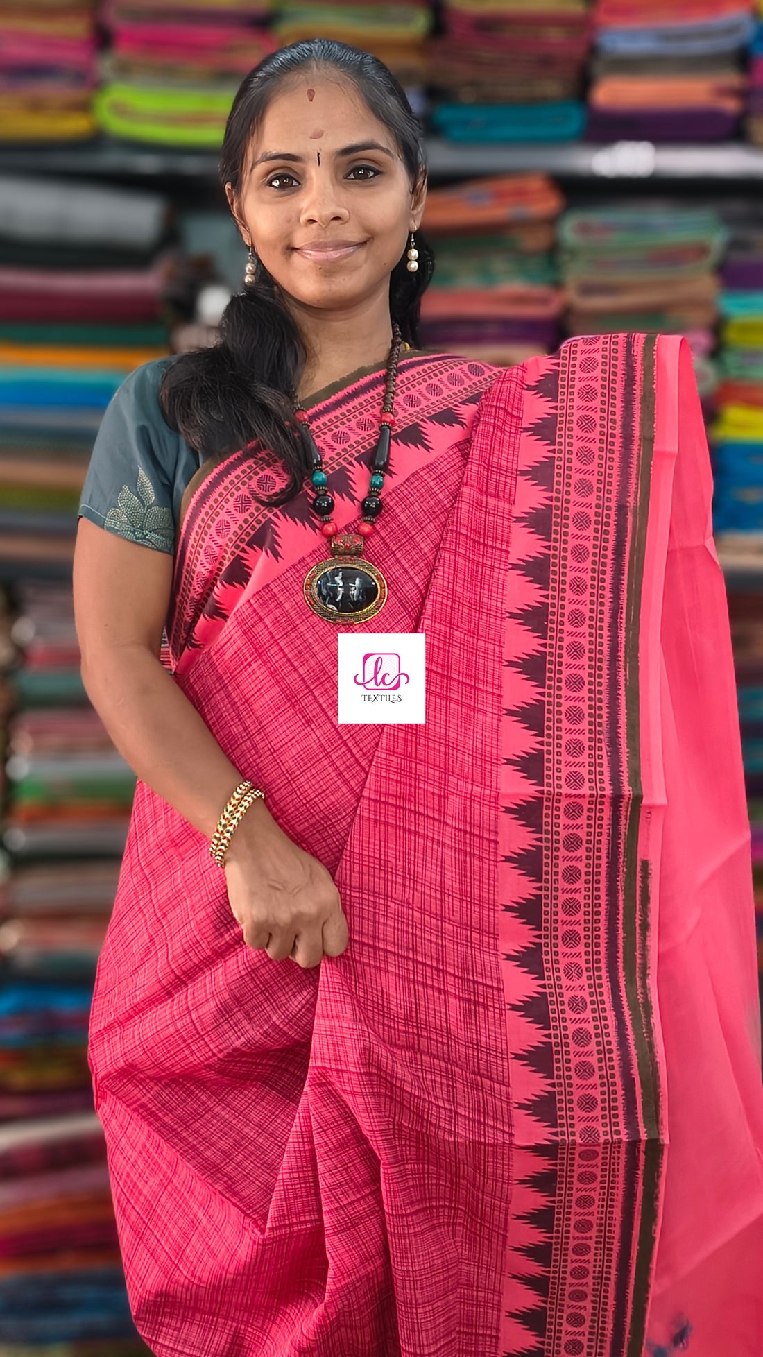 Madurai Sungudi Cotton -Peach-MS87