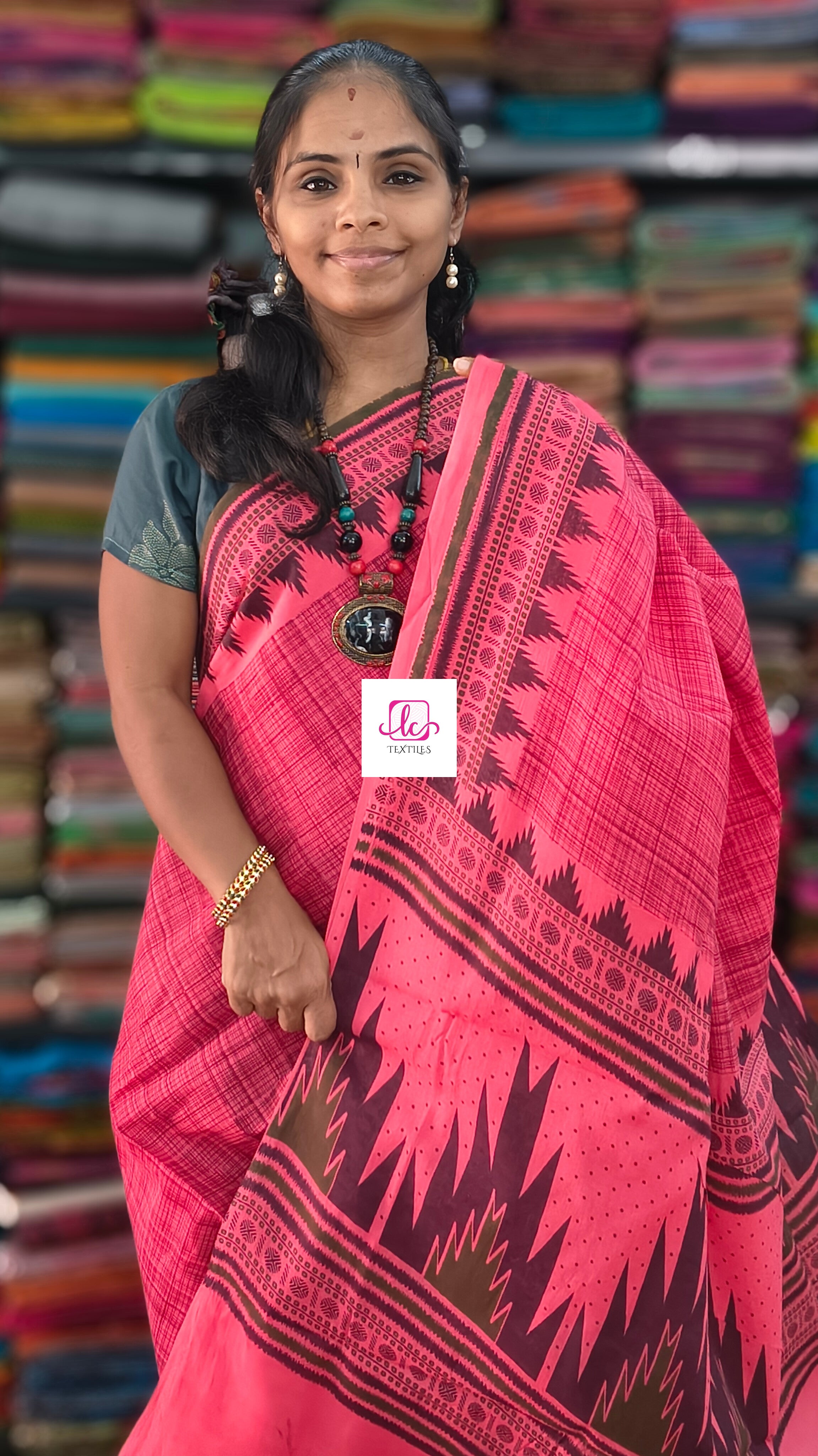 Madurai Sungudi Cotton -Peach-MS87