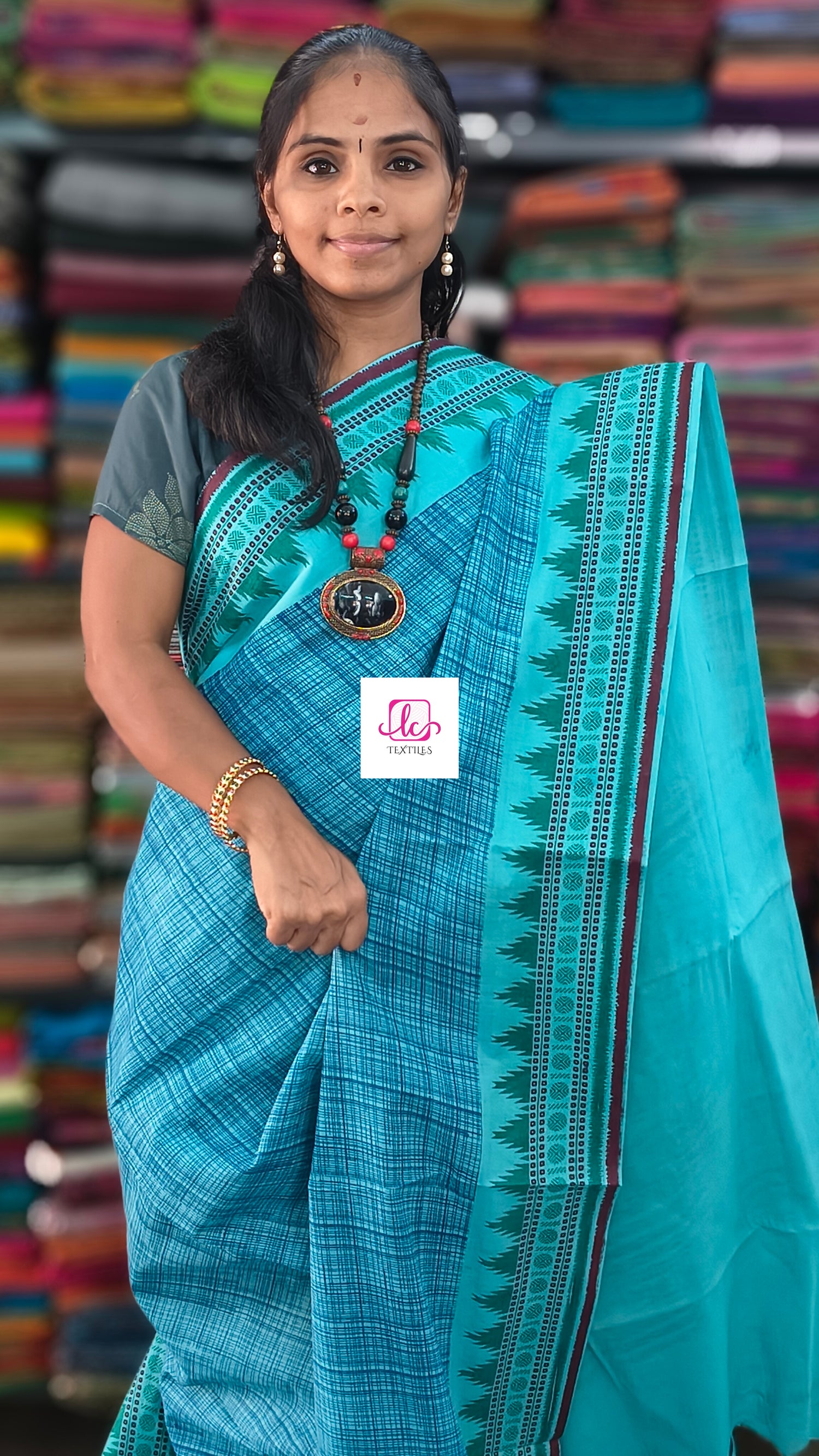 Madurai Sungudi Cotton -Turquoise Blue-MS88
