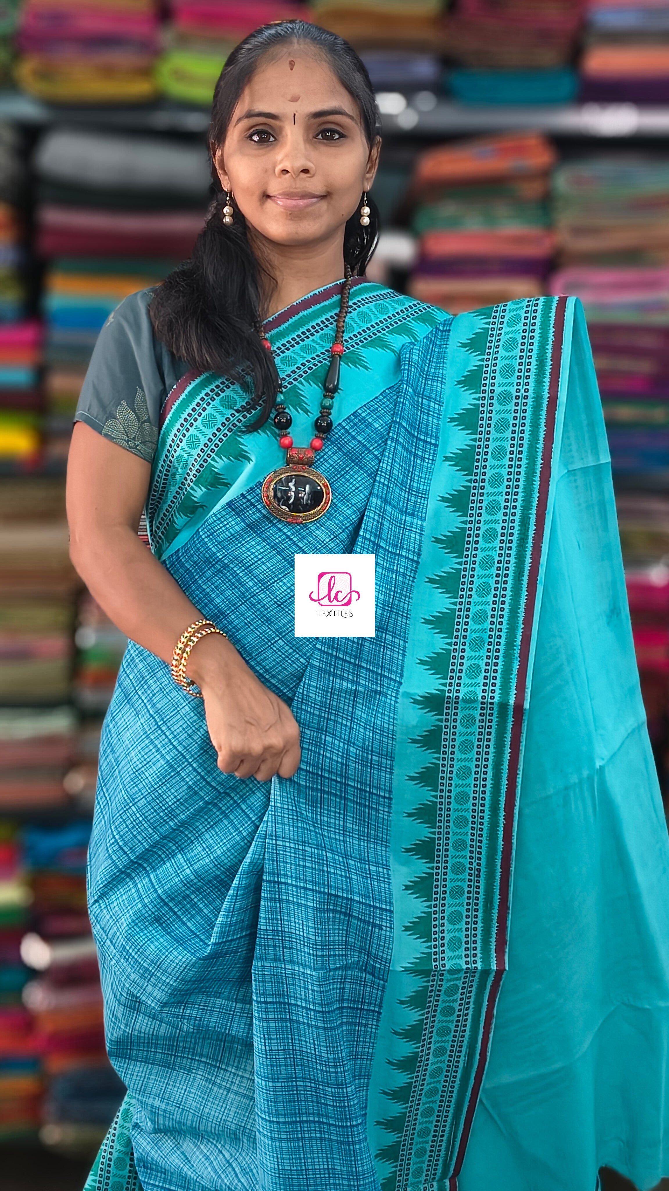 Madurai Sungudi Cotton -Turquoise Blue-MS88