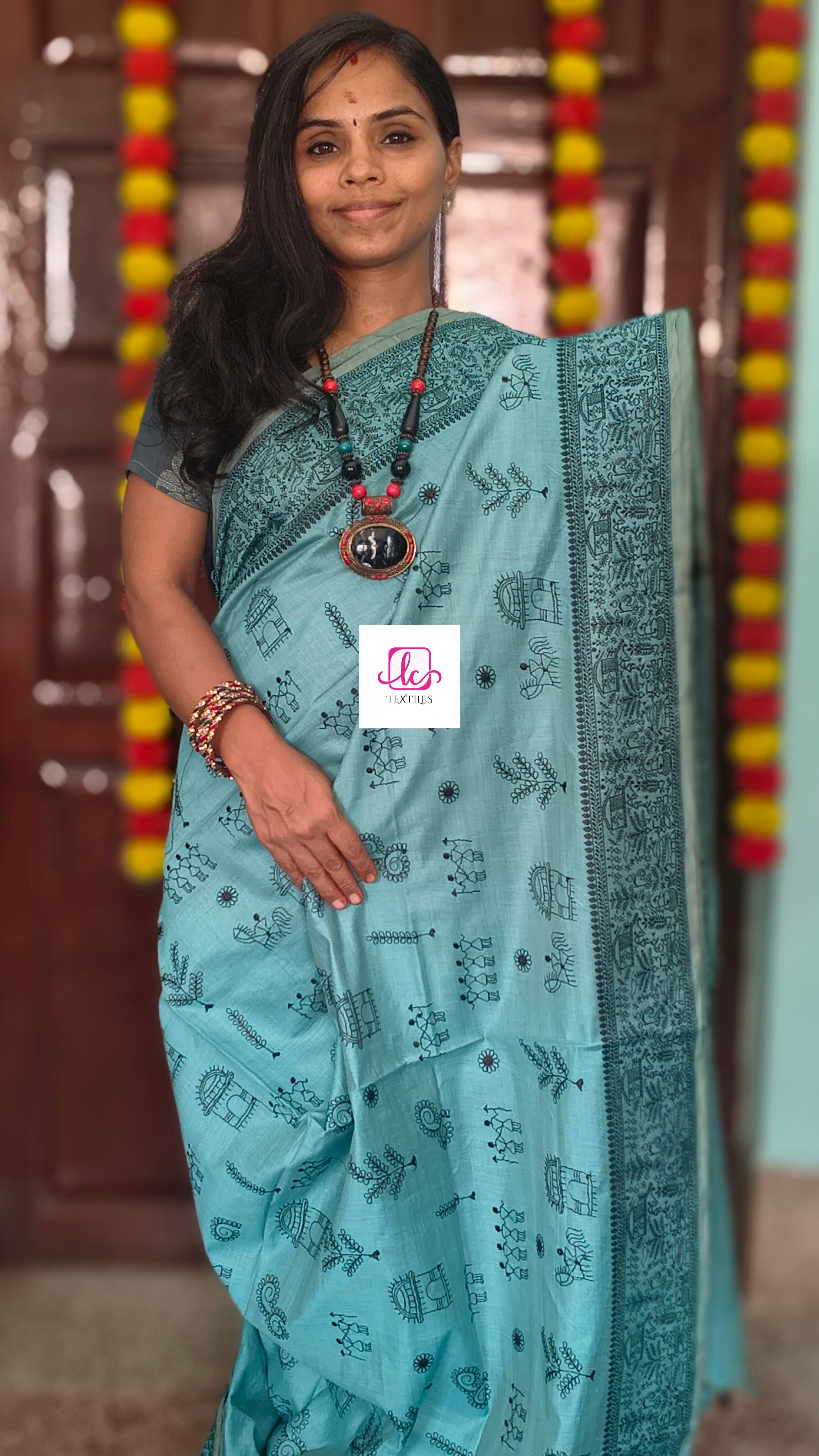 Fancy saree - Madhubani cotton-Dusty sea green-FS11
