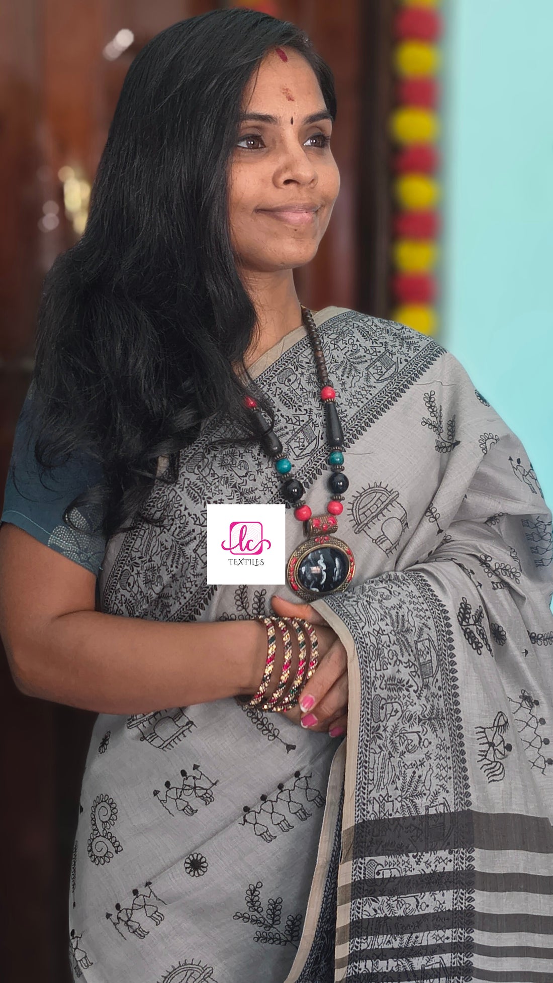 Fancy saree - Madhubani cotton-Grey-FS10