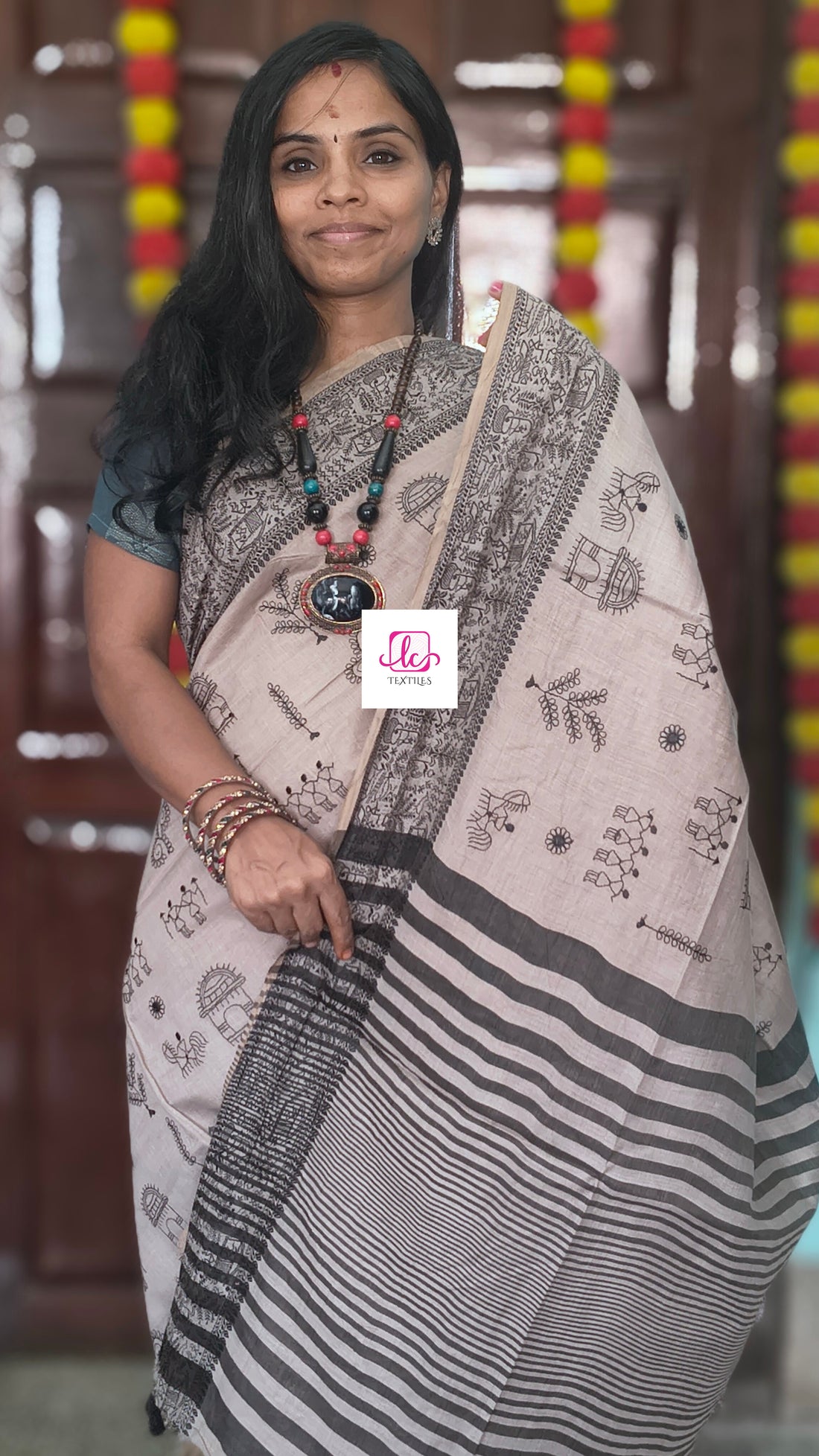 Fancy saree - Madhubani cotton-Ash beige-FS13