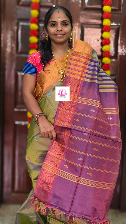 Banana pith silk saree -Yellow mixed moss green dual tone-BPS18