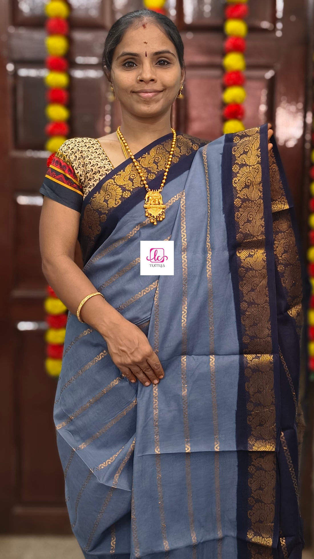 Madurai Sungudi Cotton - Veldhari- Bluish grey- MS74