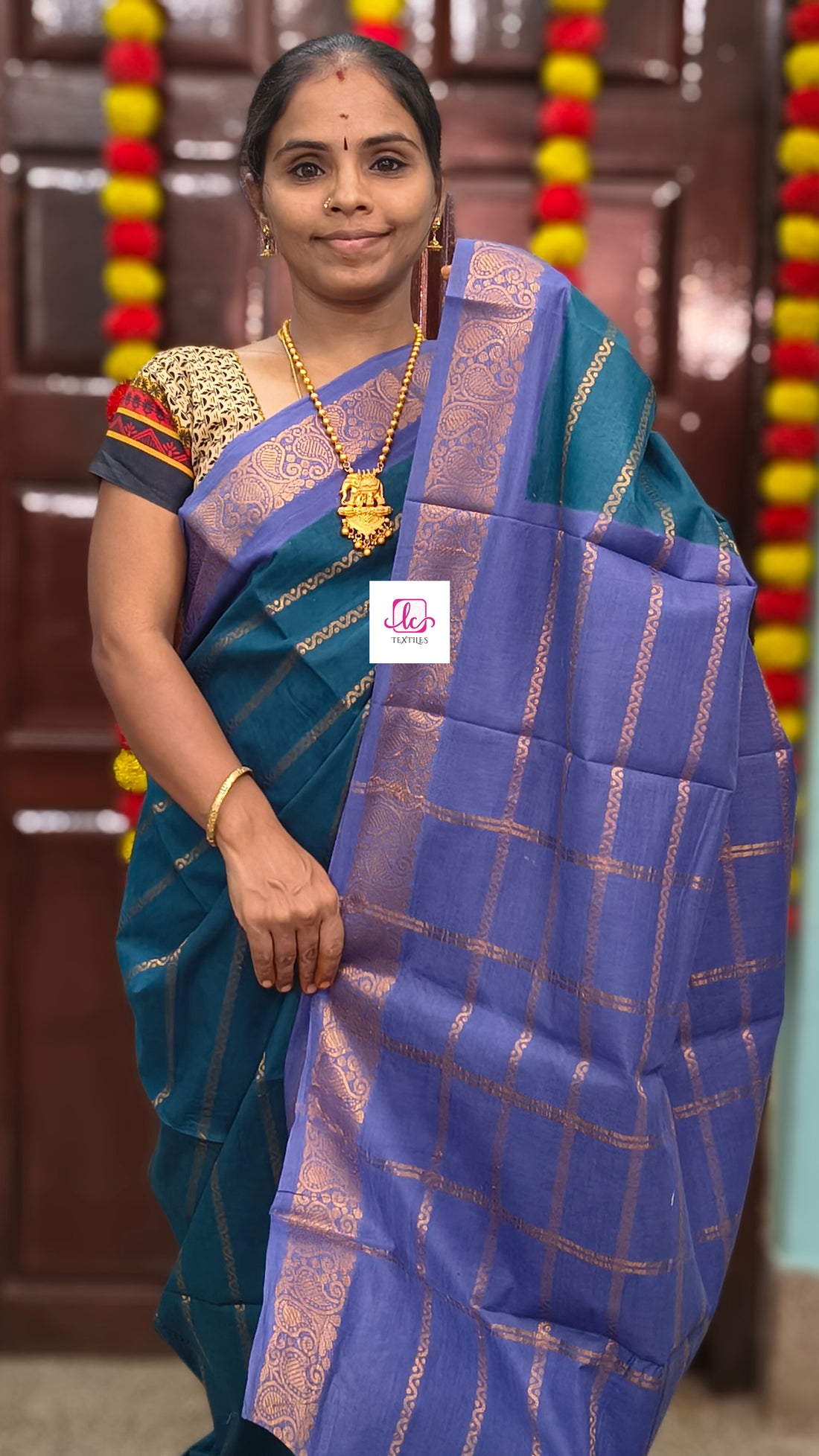 Madurai Sungudi Cotton - Veldhari- Peacock blue- MS72