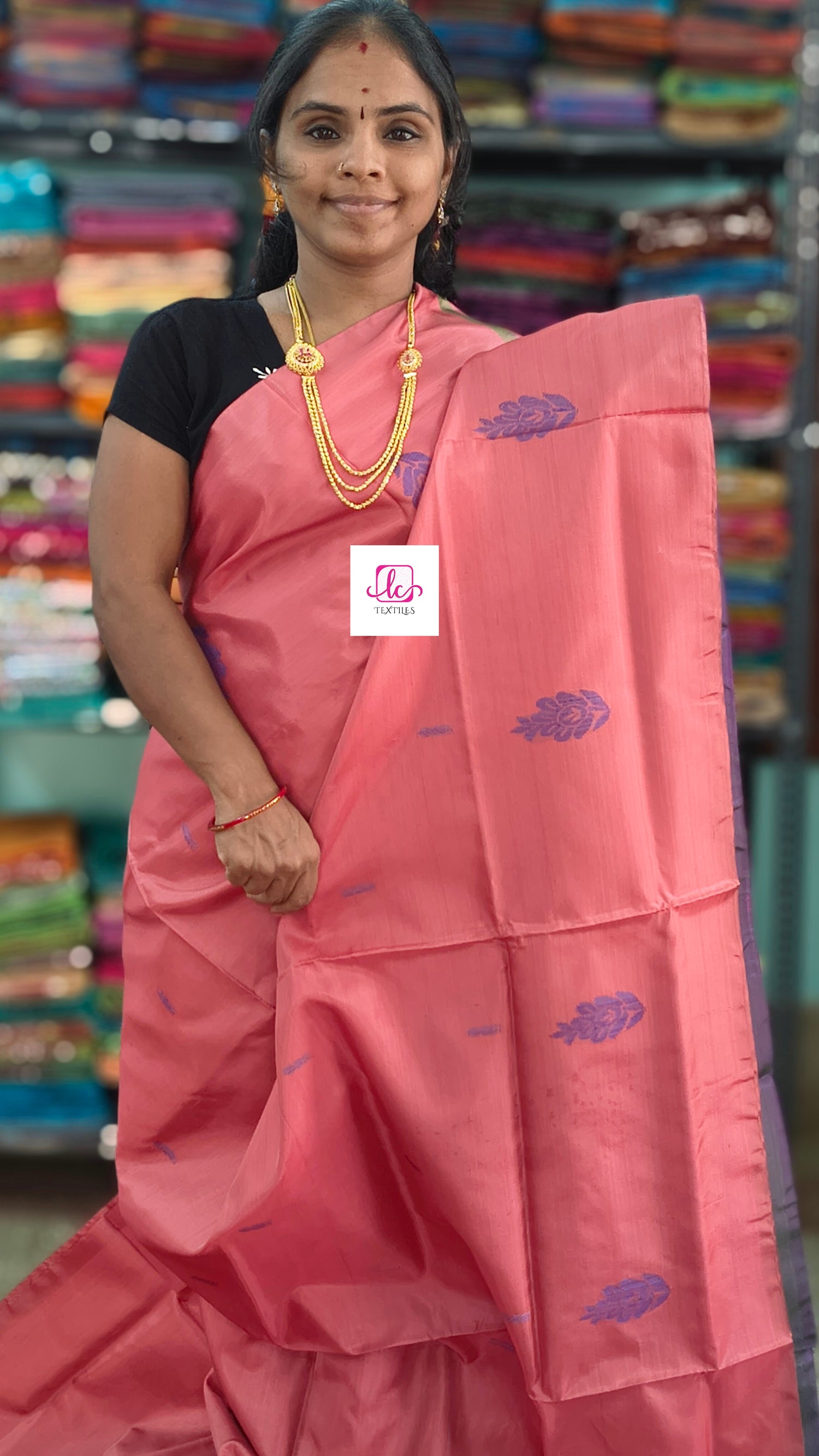 Banana pith silk saree -Salmon Pink / Coral Pink  -BPS33