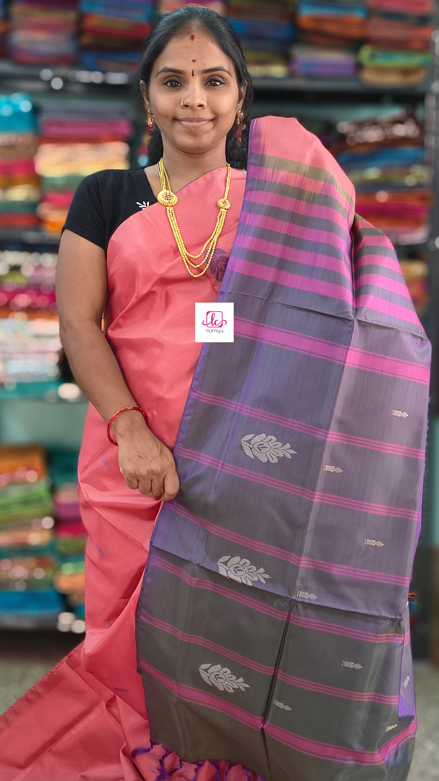 Banana pith silk saree -Salmon Pink / Coral Pink  -BPS33
