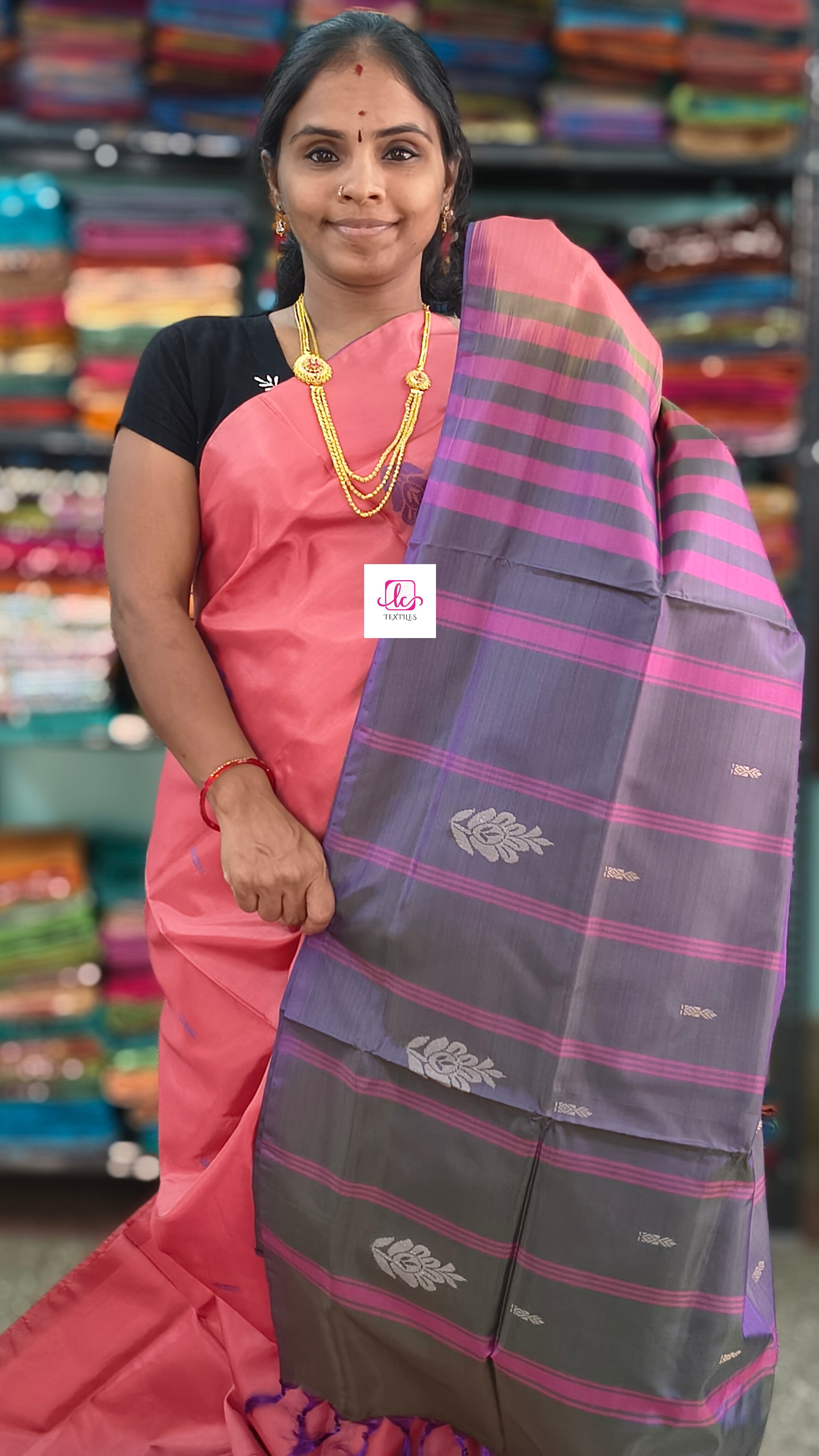 Banana pith silk saree -Salmon Pink / Coral Pink  -BPS33