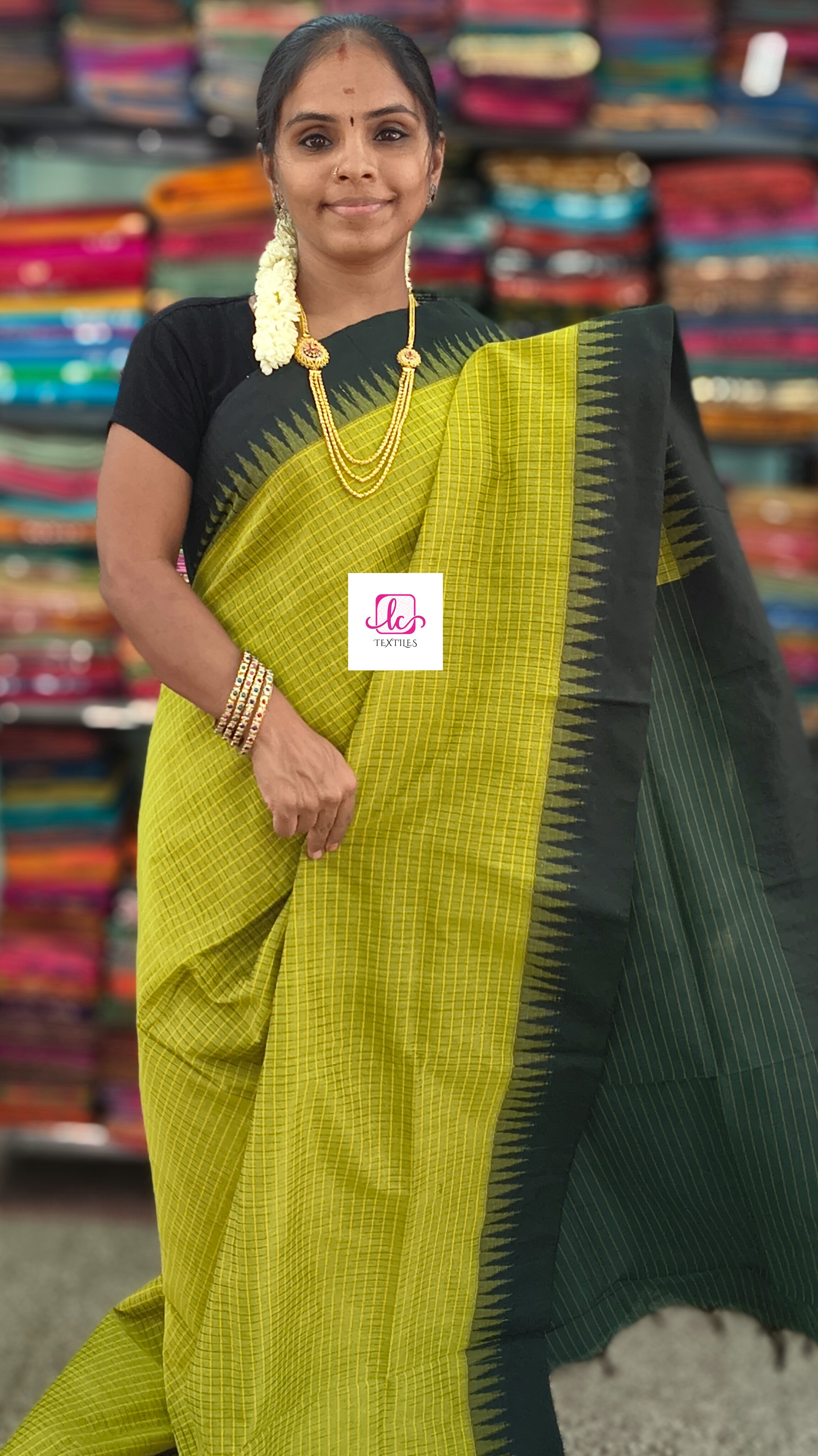 Kalyani cotton checks Lime green