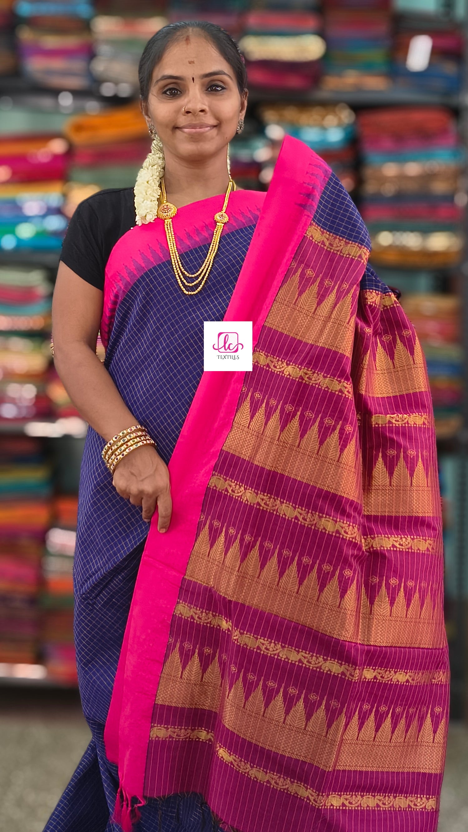 Kalyani cotton checks Royal blue mix pink 