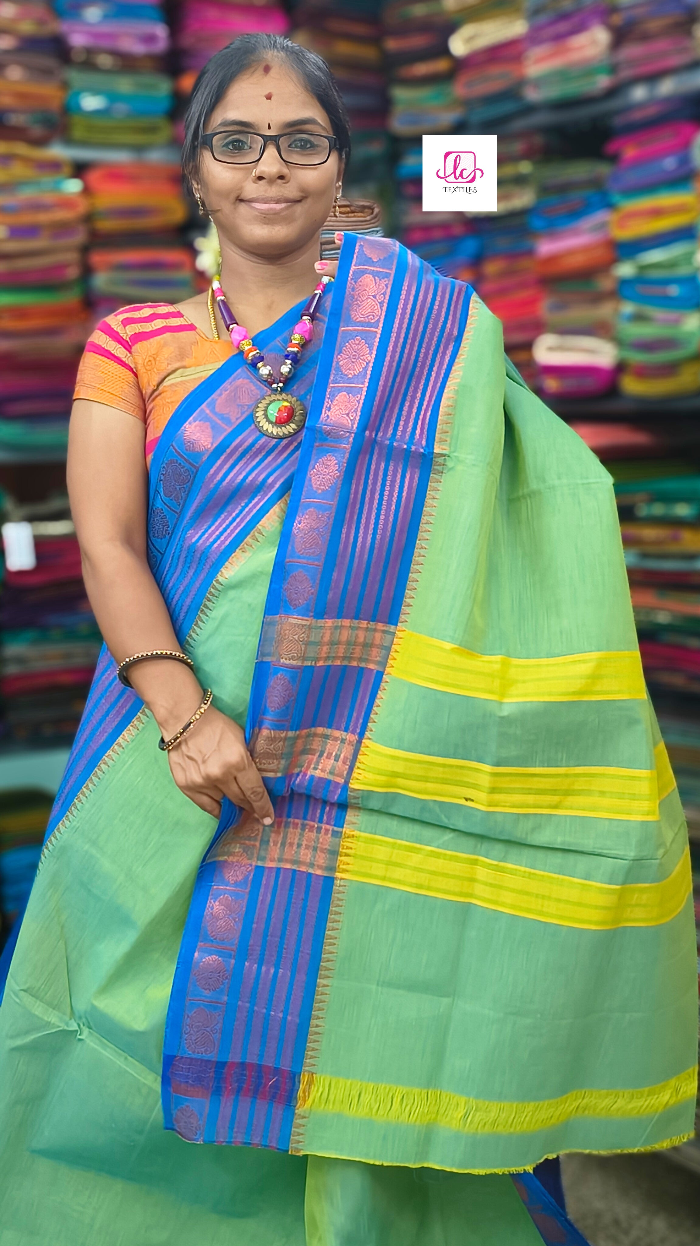 Kanchi Cotton All Day Fusion Neon green mixed blue dual tone