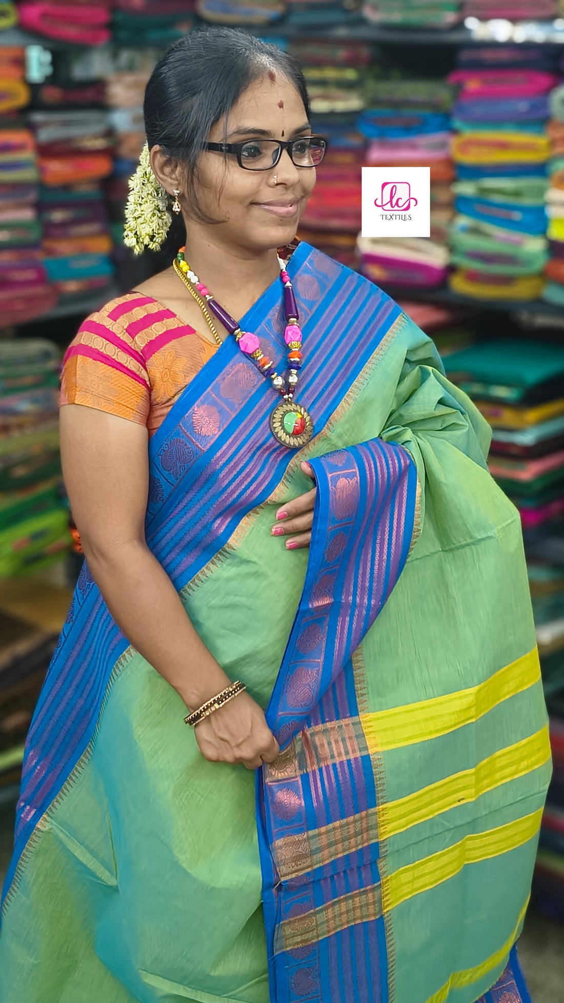 Kanchi Cotton All Day Fusion Neon green mixed blue dual tone