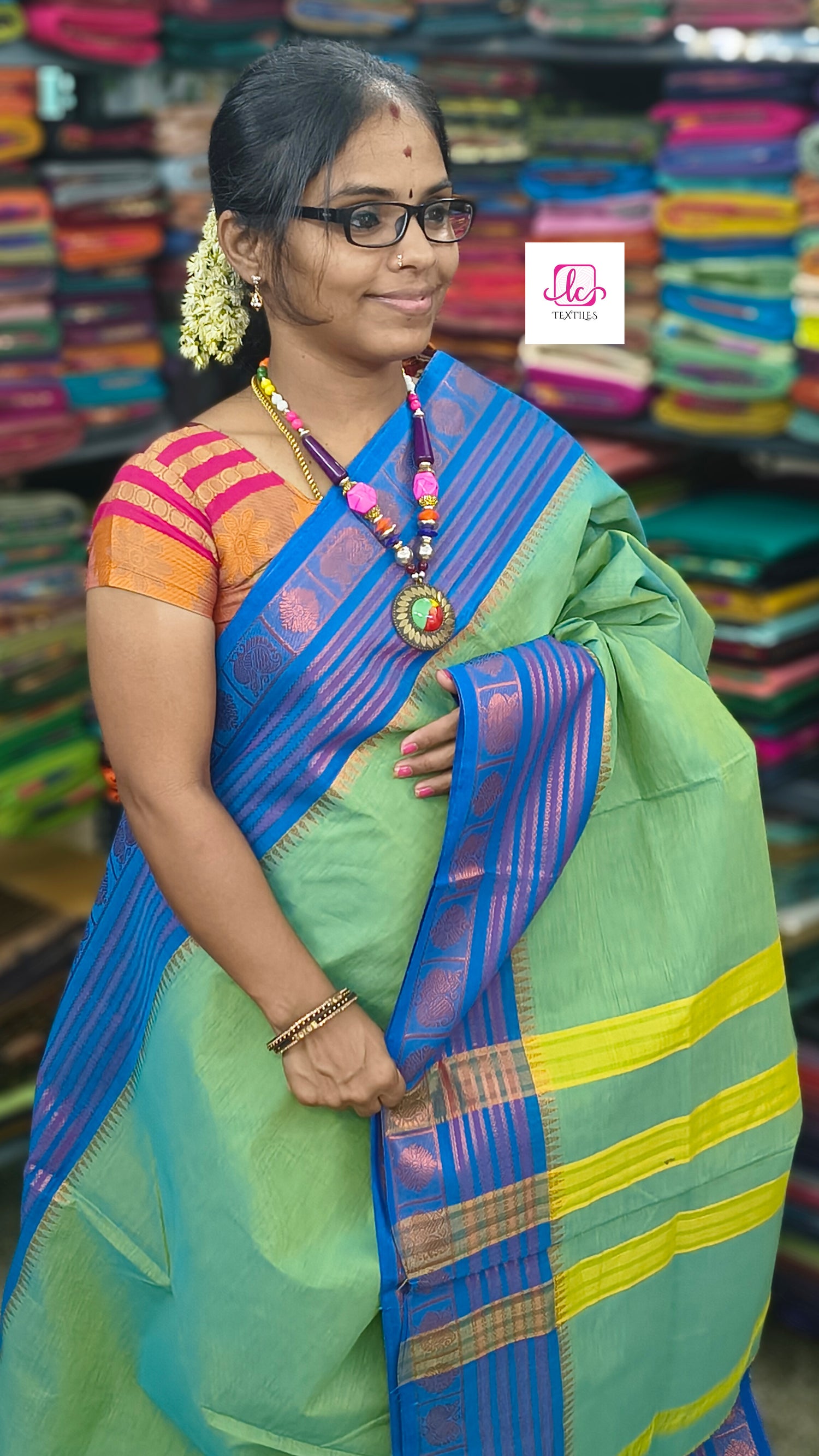 Kanchi Cotton All Day Fusion Neon green mixed blue dual tone