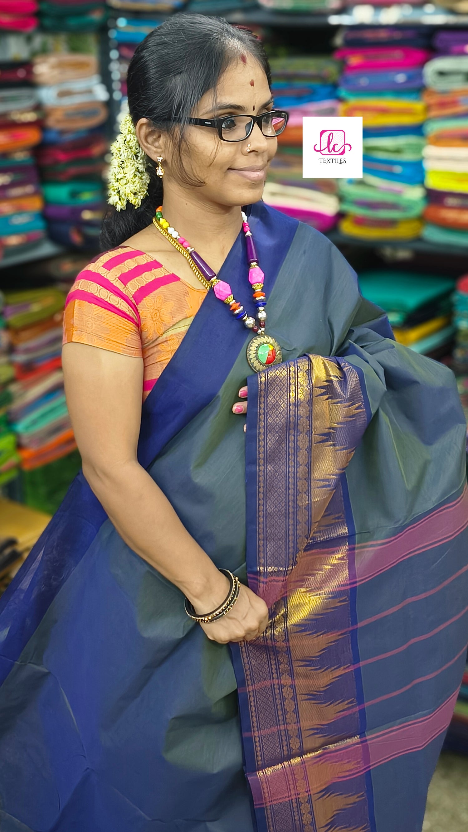 Kanchi Cotton All Day Fusion olive Green mixed royal blue dual tone