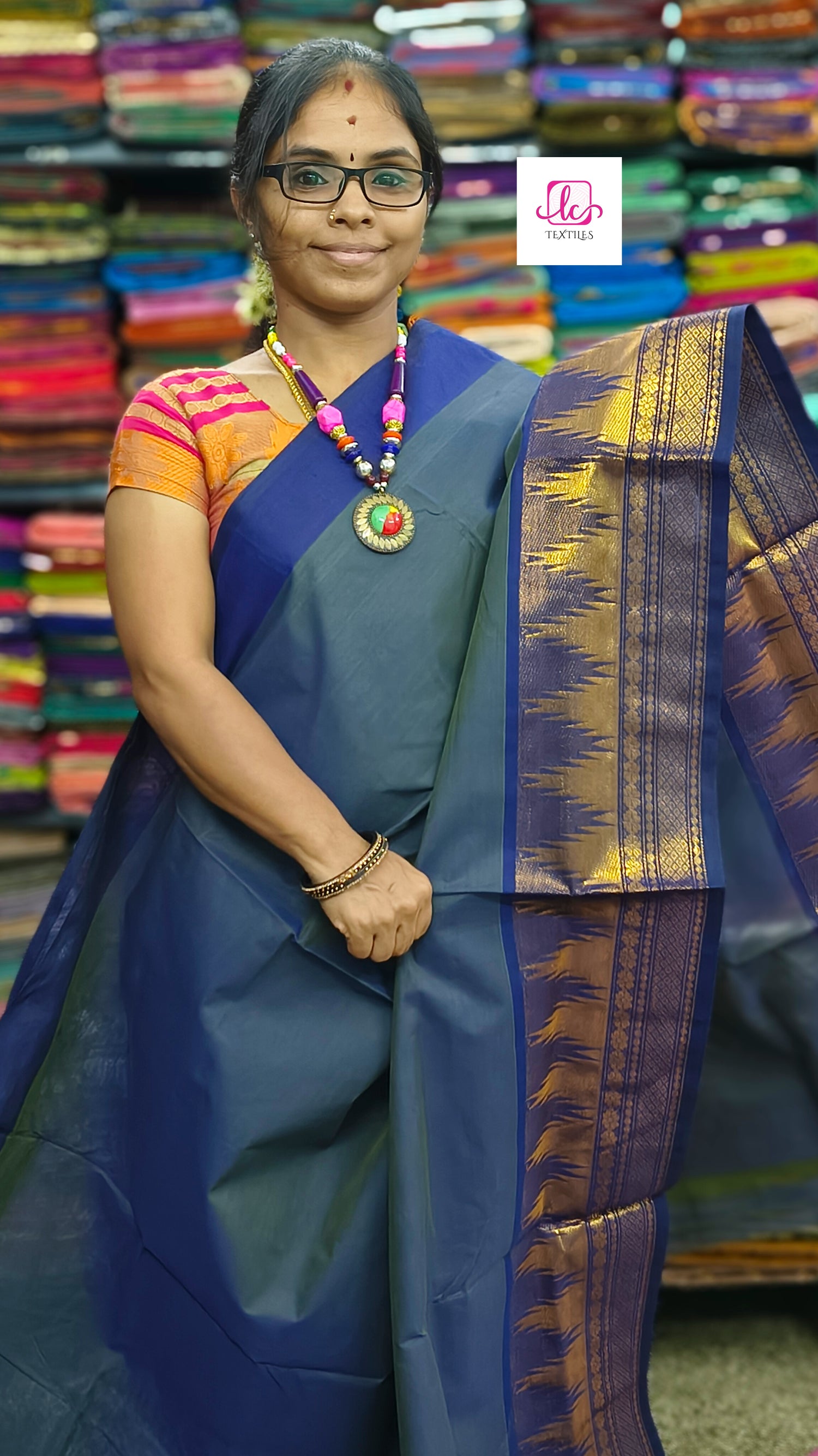 Kanchi Cotton all Day Fusion olive Green mixed royal blue dual tone