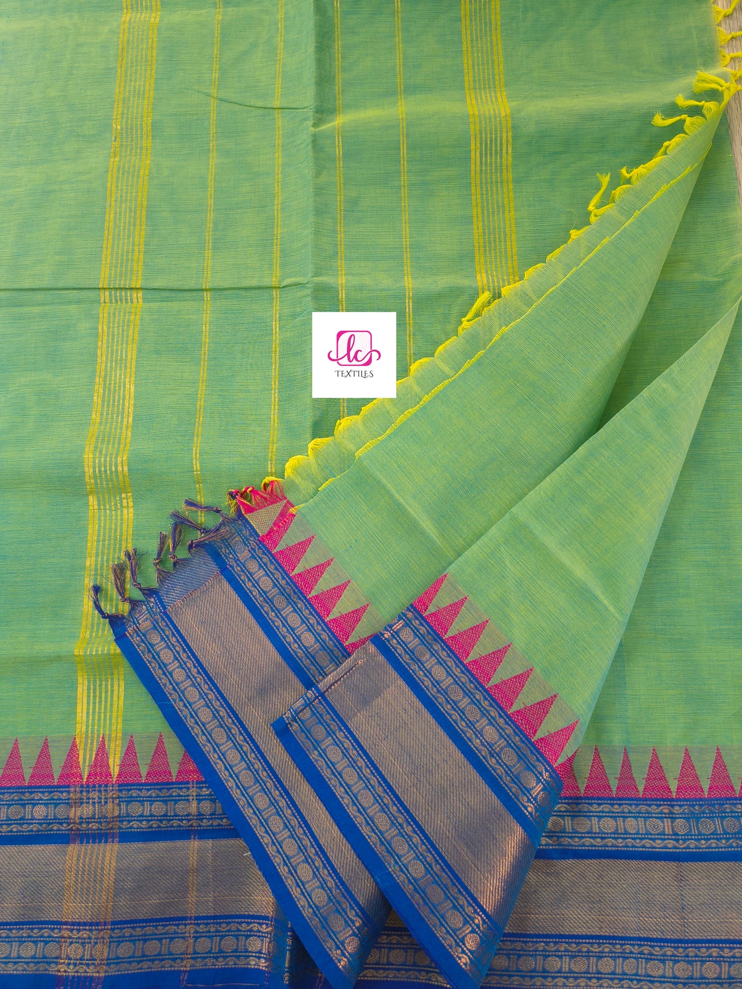 Kanchi Cotton Festival Fusion Lemon yellow mixed blue dual tone