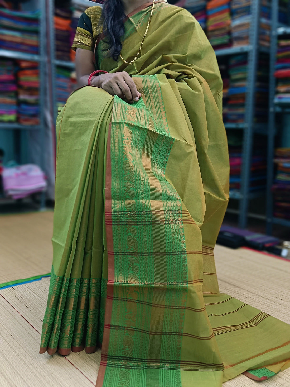 Kanchi Cotton Festival Fusion Mustard Yellow mixed Green Dual tone