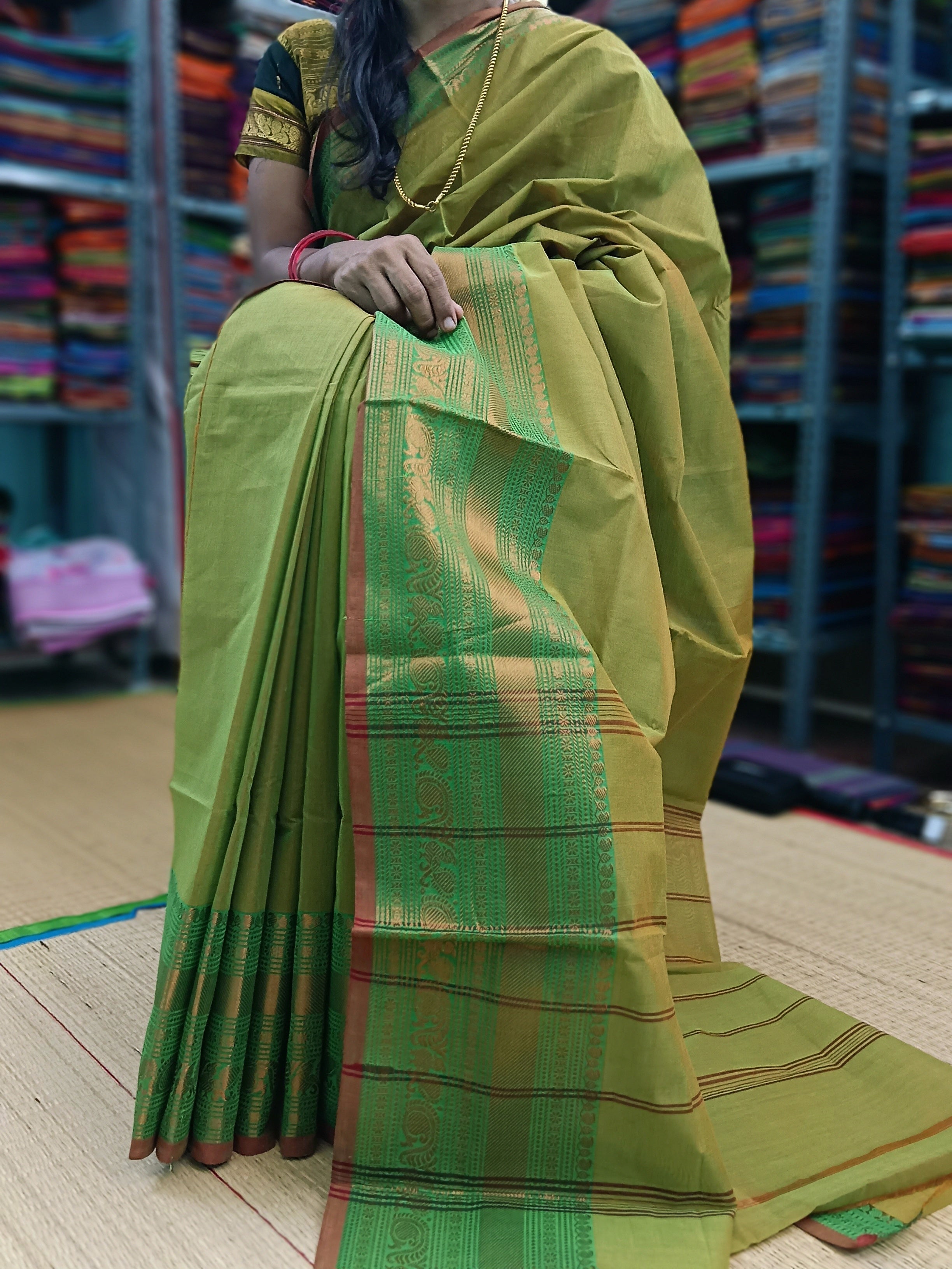 Kanchi Cotton Festival Fusion Mustard Yellow mixed Green Dual tone
