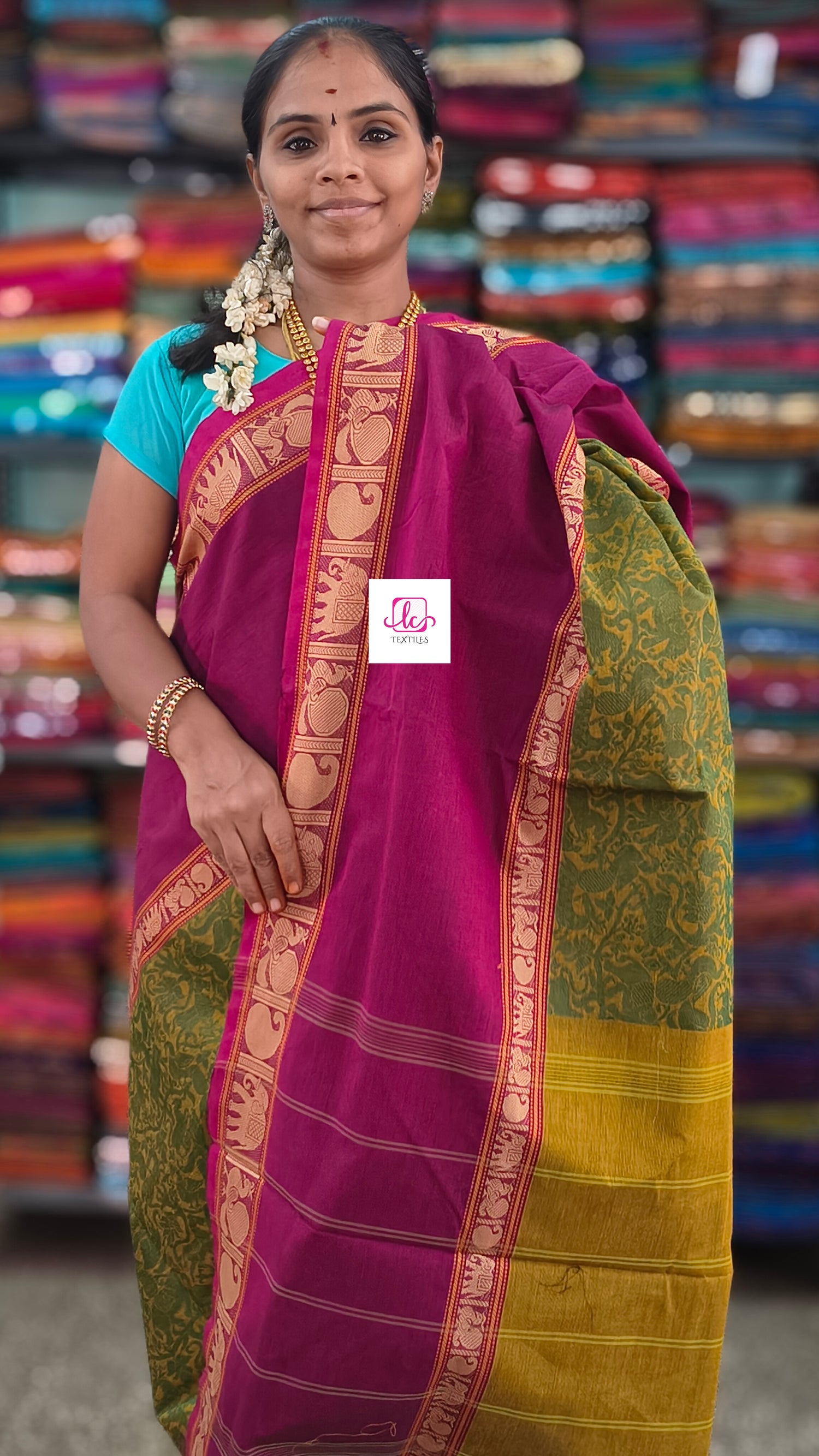 Kanchi Cotton Festival Fusion yellow mixed Navy Blue