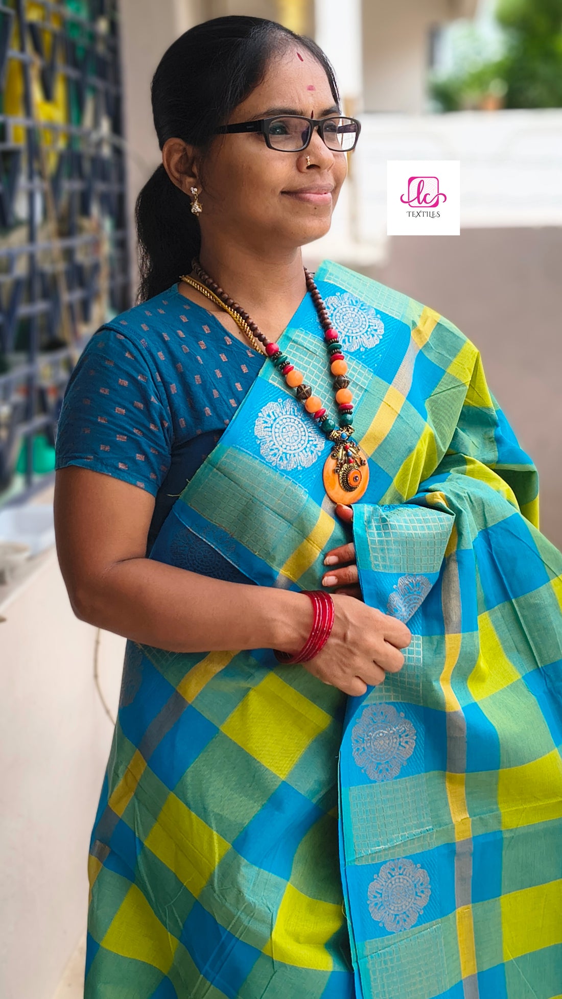 Kandangi Checks neon green with blue