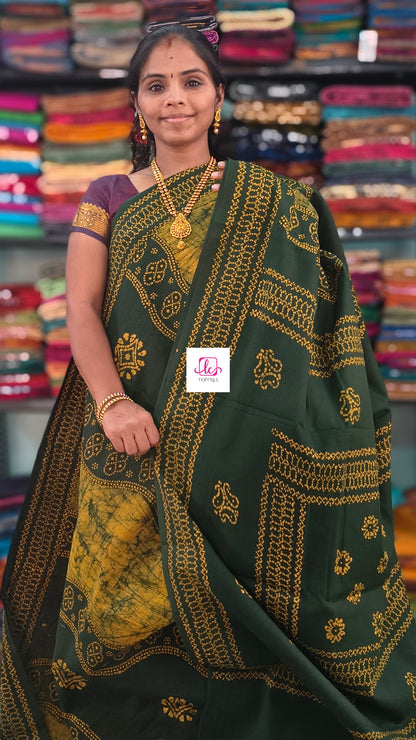 Madurai Sungudi Cotton Bottle green with mustard yellow