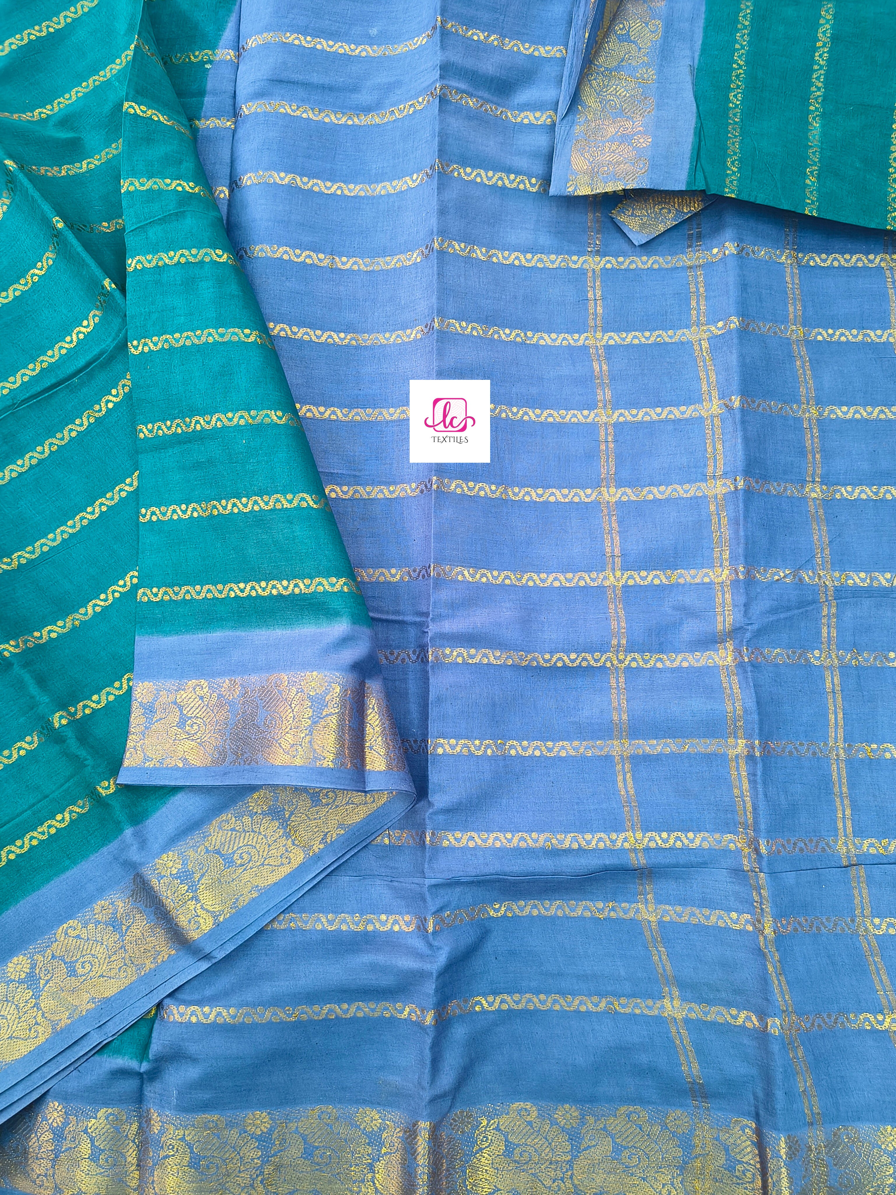 Madurai Sungudi Cotton Veldhari Peacock blue