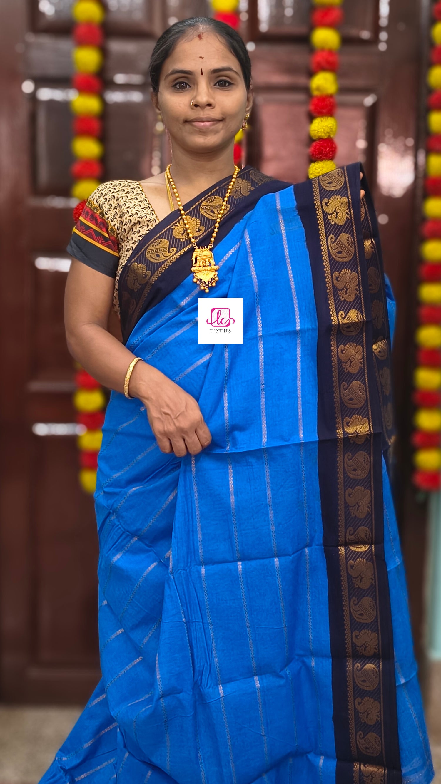 Madurai Sungudi Cotton Veldhari Electric blue 