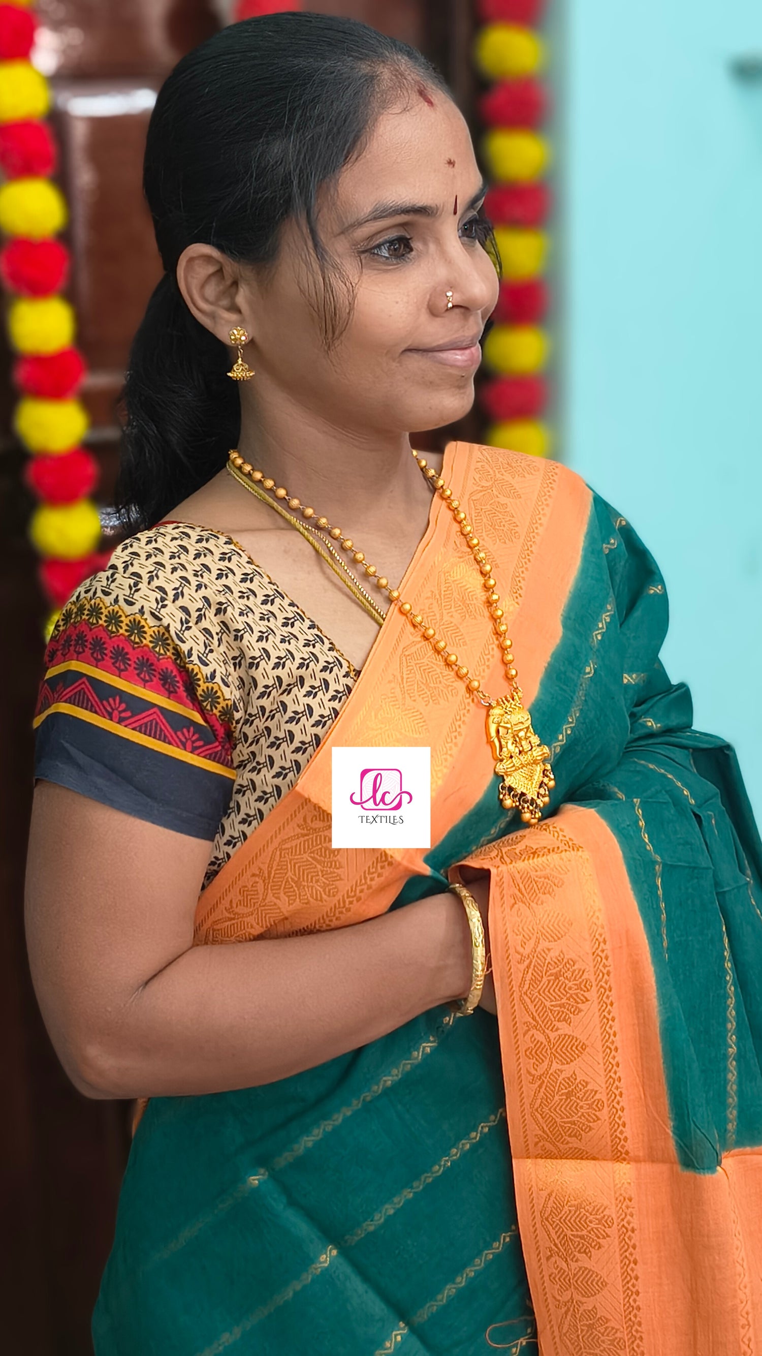 Madurai Sungudi Cotton Veldhari Peacock green 