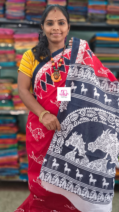 Mul Mul cotton saree Red
