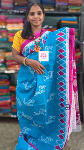 Mul Mul cotton saree Turquoise Blue