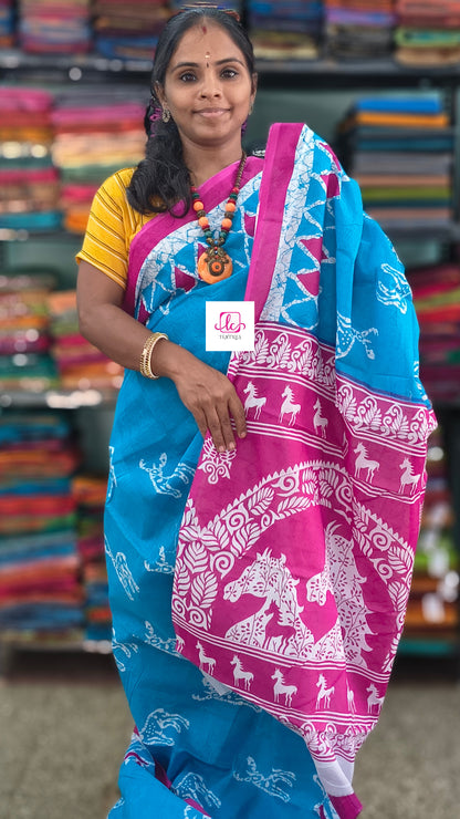 Mul Mul cotton saree Turquoise Blue