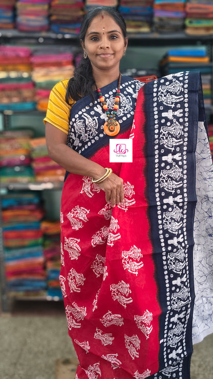 Mul Mul cotton saree Red