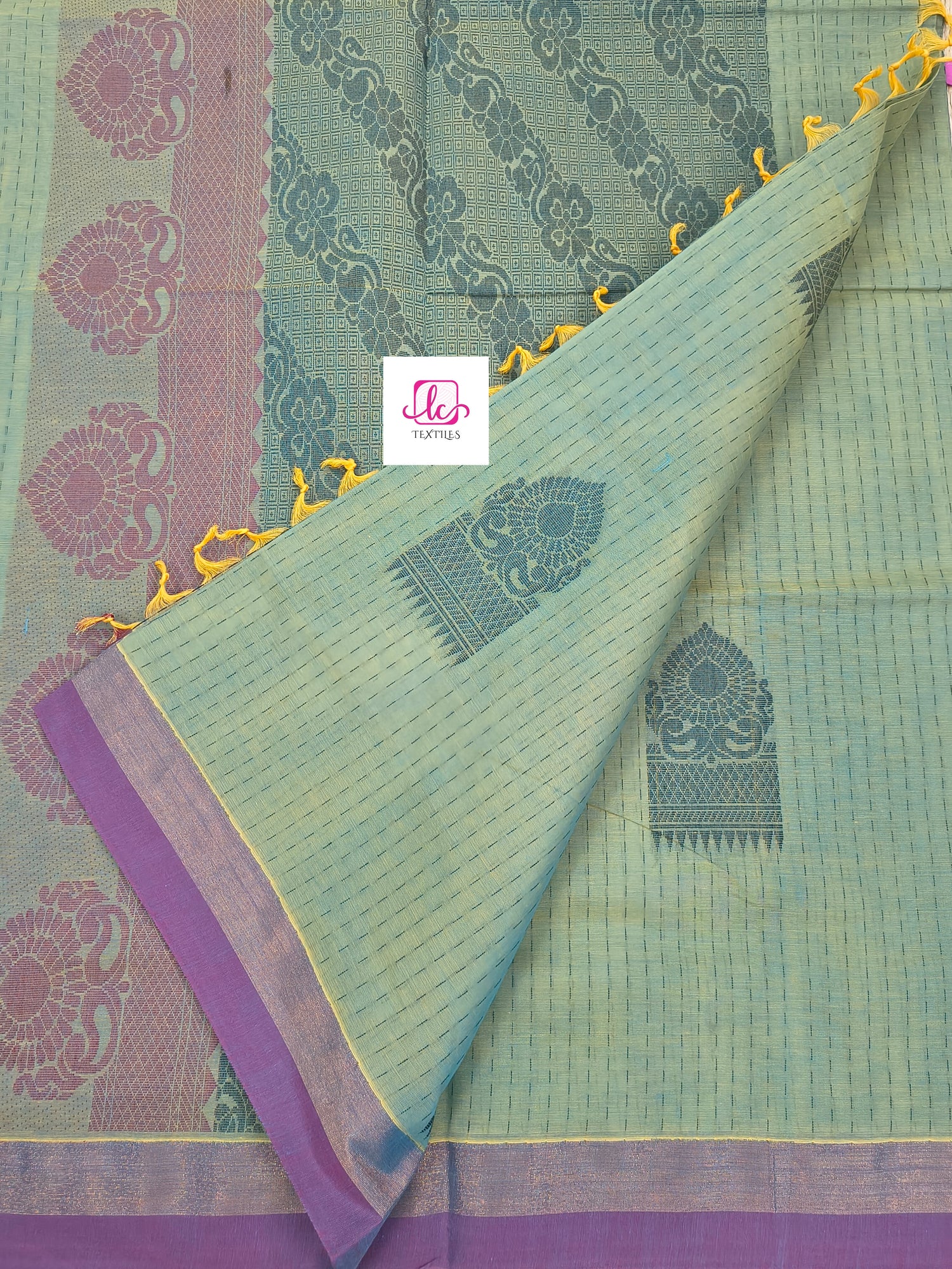 Negamam Cotton Saree Yellow mixed blue dual tone 