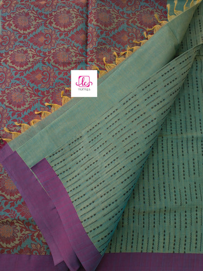 Negamam Cotton Saree Mustard yellow mixed blue dual tone
