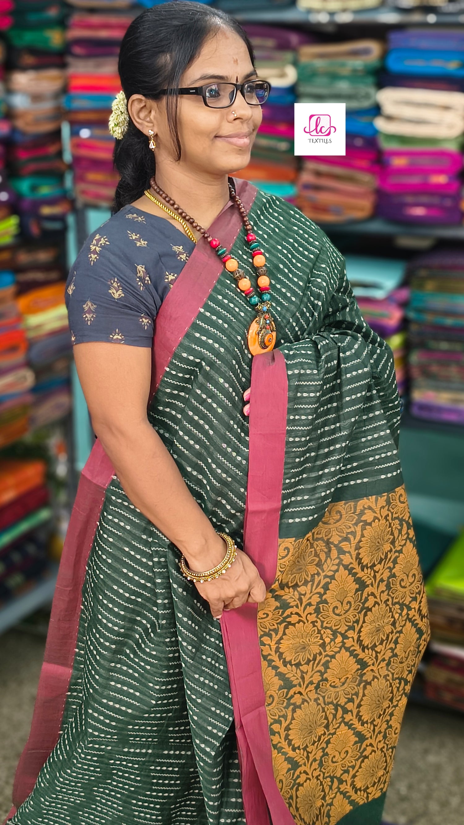 Negamam Cotton Saree Dark green